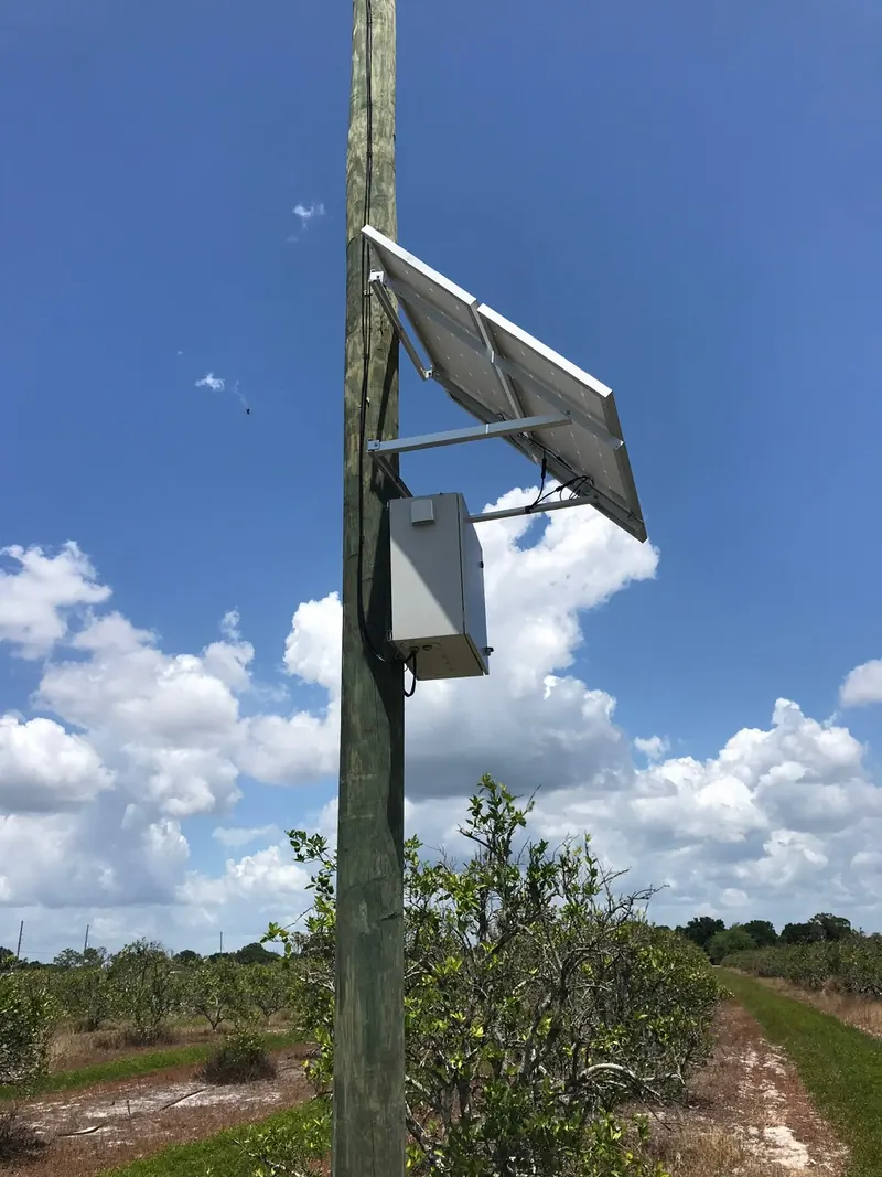 A solar panel and equipment box on a pole in a grove